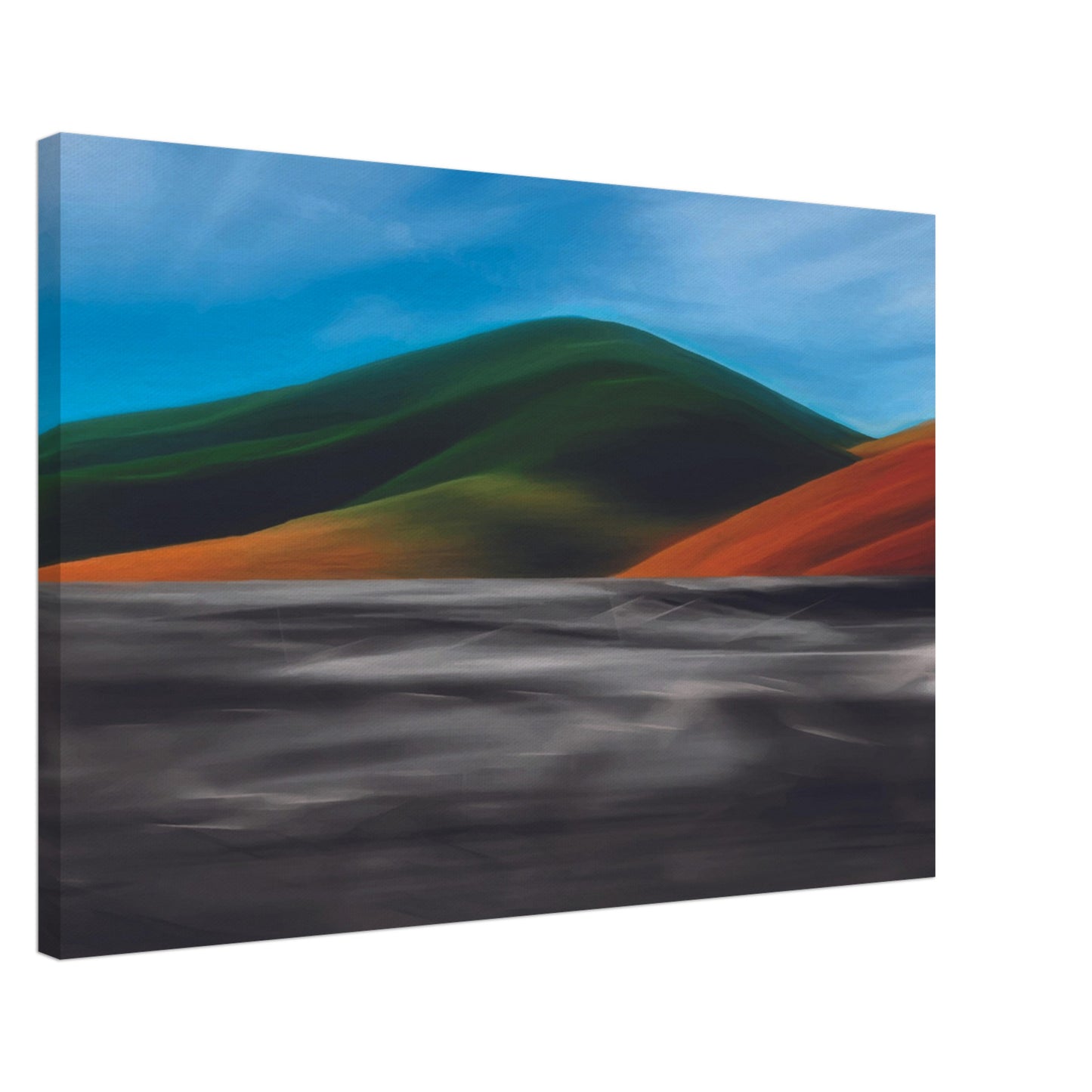 Vibrant artwork of abstract hills and a shimmering road, capturing the feel of a hot summer day in New Zealand.