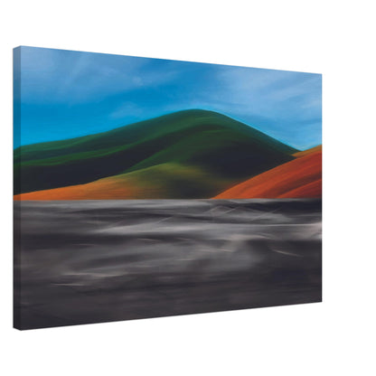 Vibrant artwork of abstract hills and a shimmering road, capturing the feel of a hot summer day in New Zealand.