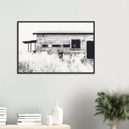 Old timber woolshed in black and white with peeling paint and wild grass in The Woolshed by NZ artist Ben Hart.