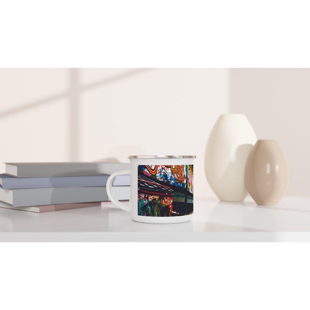 Designer enamel mugs with artwork by NZ designer