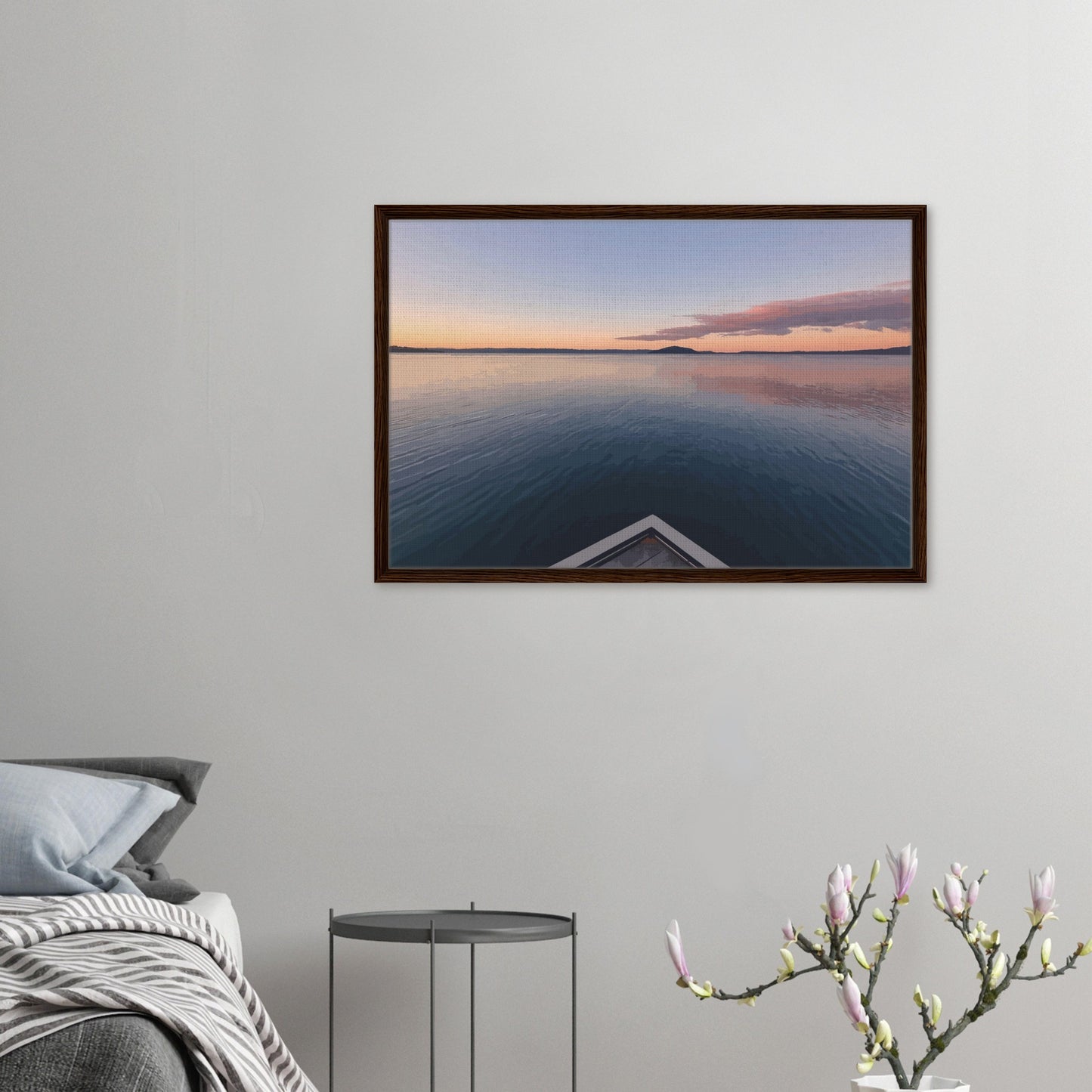 View from jetty over calm Lake Rotorua at sunset in the peaceful artwork Edge of Stillness by NZ designer Ben Hart.