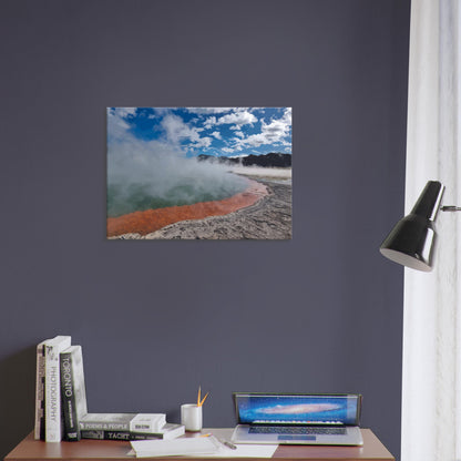 Steaming geothermal pool with bright sky and vivid orange rim in Enchanted Waters by NZ designer Ben Hart.