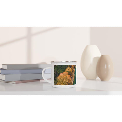 Designer enamel mugs with artwork by NZ designer