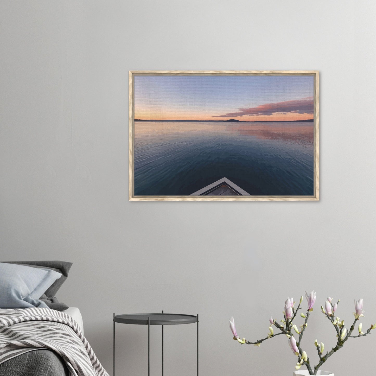 View from jetty over calm Lake Rotorua at sunset in the peaceful artwork Edge of Stillness by NZ designer Ben Hart.