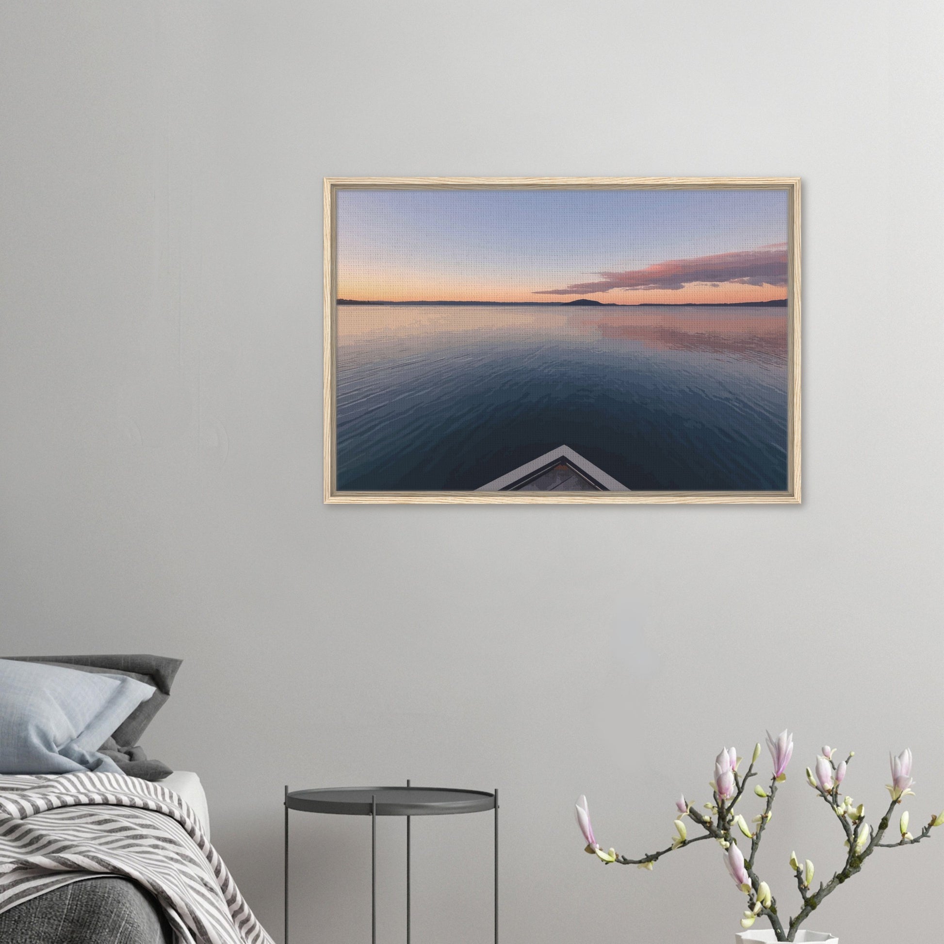 View from jetty over calm Lake Rotorua at sunset in the peaceful artwork Edge of Stillness by NZ designer Ben Hart.