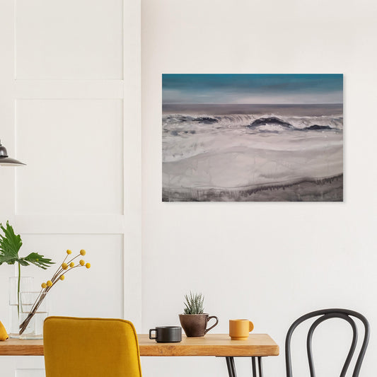 Moody seascape of waves breaking along Marine Parade in Hawke’s Bay, painted in muted greys and blues.