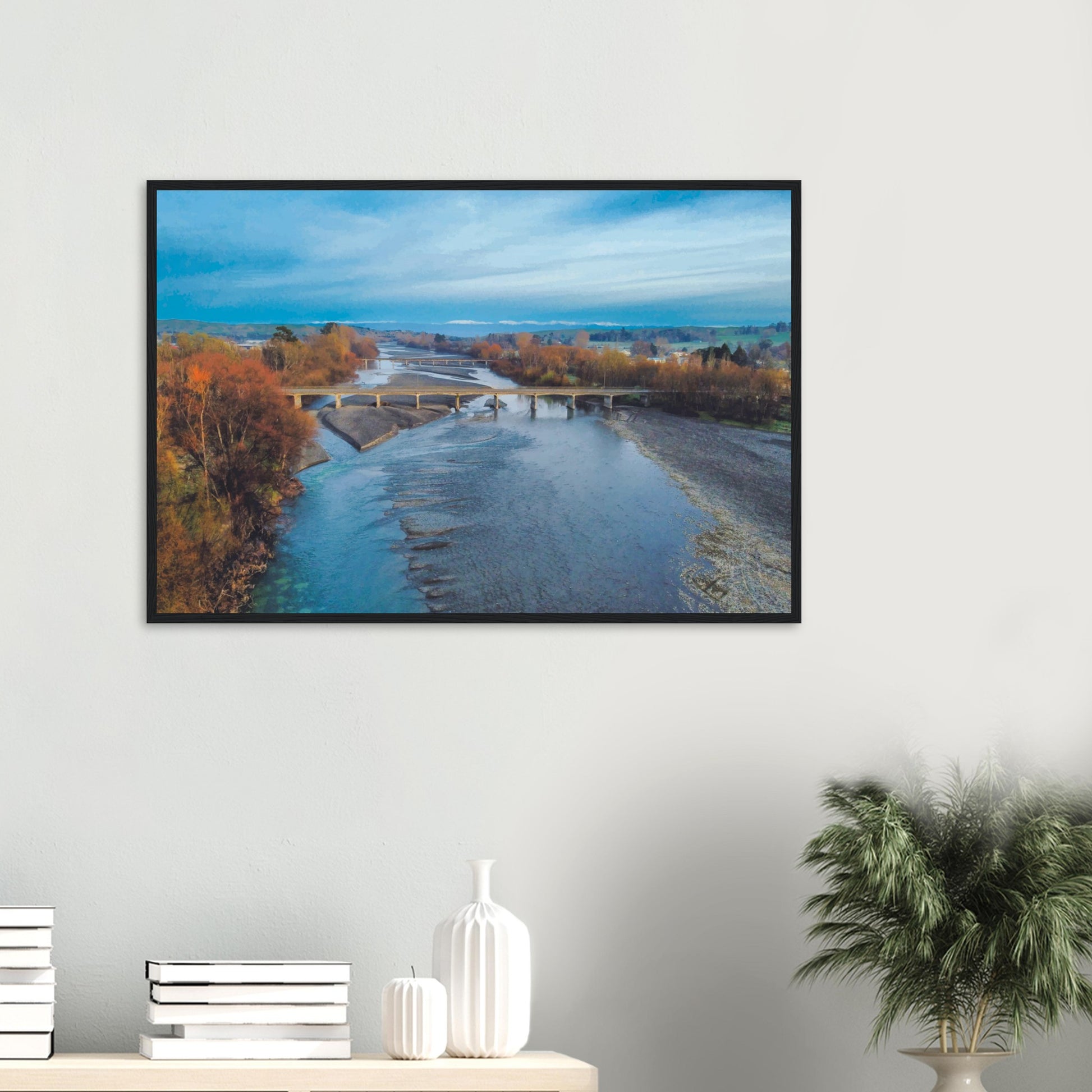 Aerial artwork of bridges crossing the Tuki Tuki River with the Ruahine Ranges in the distance, in cool, calm light.