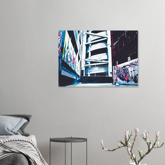 Urban artwork of graffiti alley and spiral concrete ramp in vivid blues and reds, full of contrast and street character.