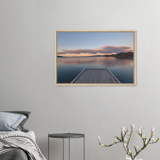 Jetty over Lake Rotorua at dusk with soft clouds and reflections in Echoes of the Lake by New Zealand designer Ben Hart.