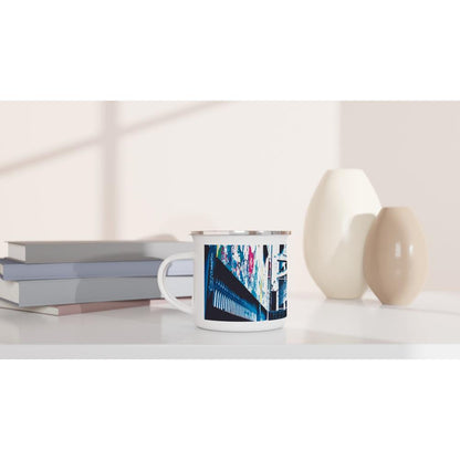 Designer enamel mugs with artwork by NZ designer