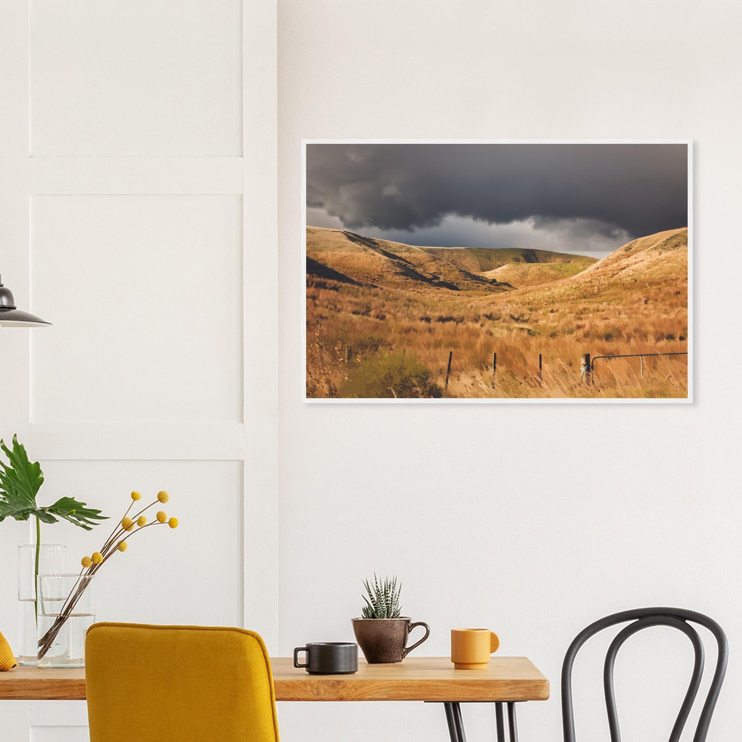 Golden Hawke’s Bay hills beneath dark clouds in a nostalgic NZ landscape artwork titled Trip Home by Ben Hart.