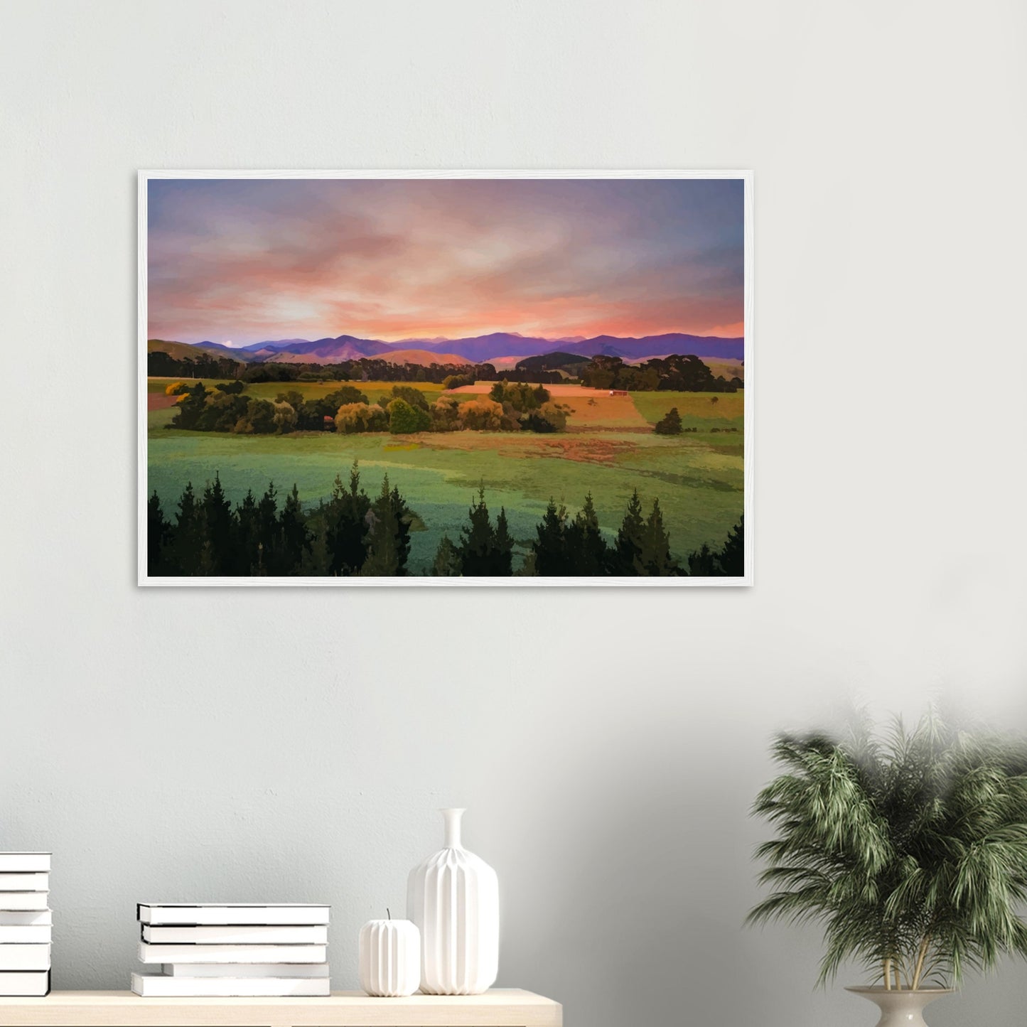 Artwork of a Wairarapa sunrise over pine trees and rolling farmland with soft light on the Tararua Ranges.