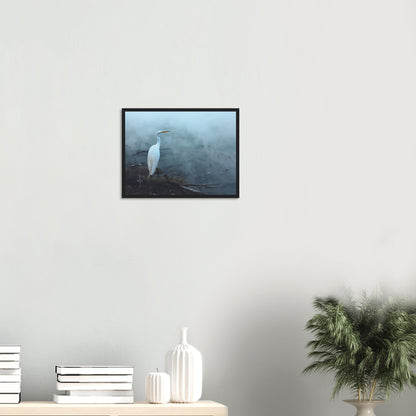 'Grace in the mist' captures the graceful presence of the Kōtuku (white heron) standing still on the edge of a steaming geothermal pool.