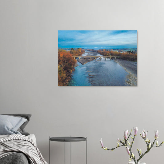 Aerial artwork of bridges crossing the Tuki Tuki River with the Ruahine Ranges in the distance, in cool, calm light.