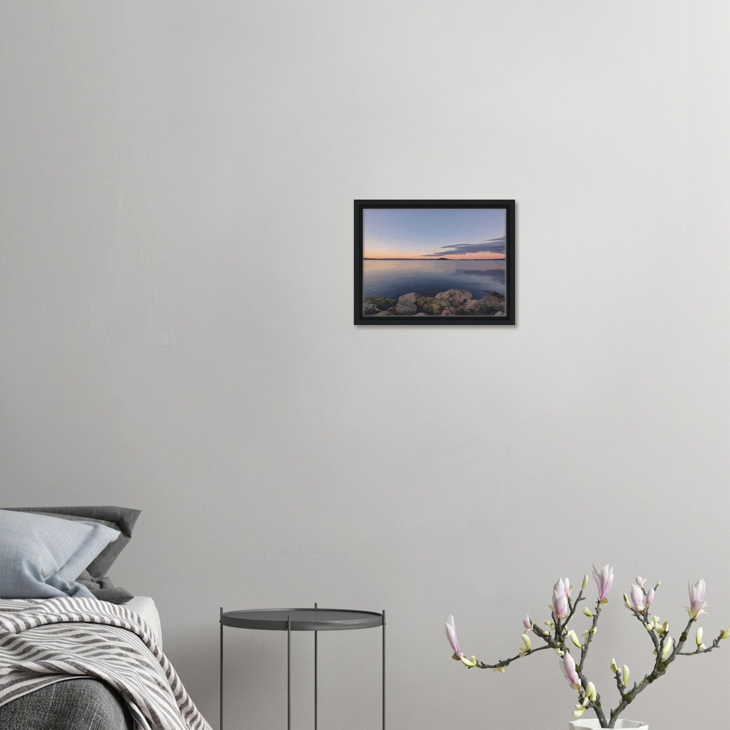 Peaceful Lake Rotorua view with mossy rocks and soft pastel reflections in Calm Waters by NZ artist Ben Hart.