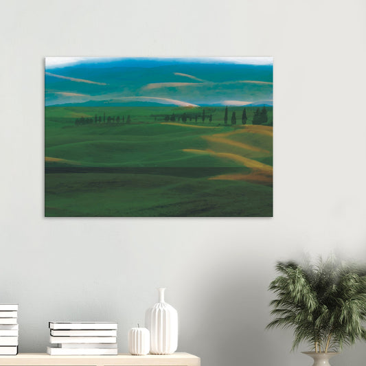 Artwork of rolling green hills and tall trees in soft golden light, evoking calm and quiet.