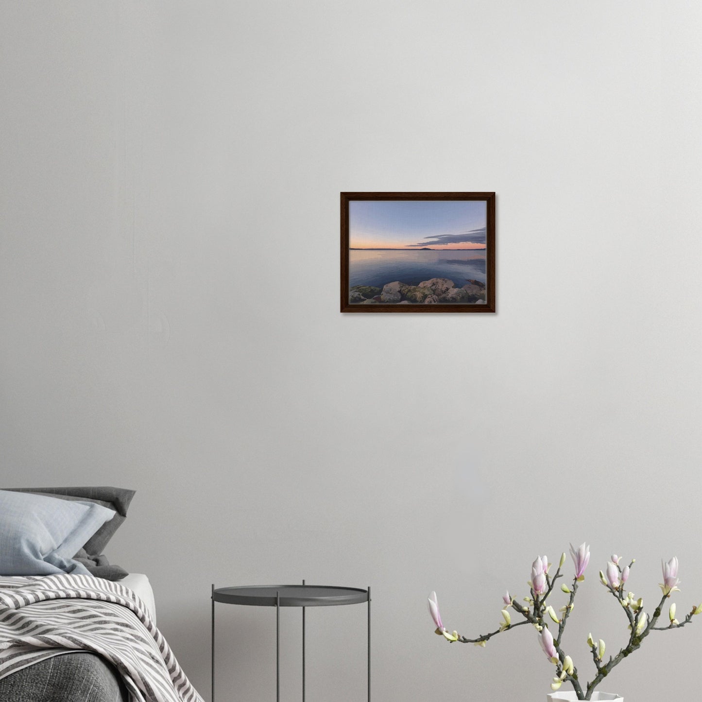 Peaceful Lake Rotorua view with mossy rocks and soft pastel reflections in Calm Waters by NZ artist Ben Hart.