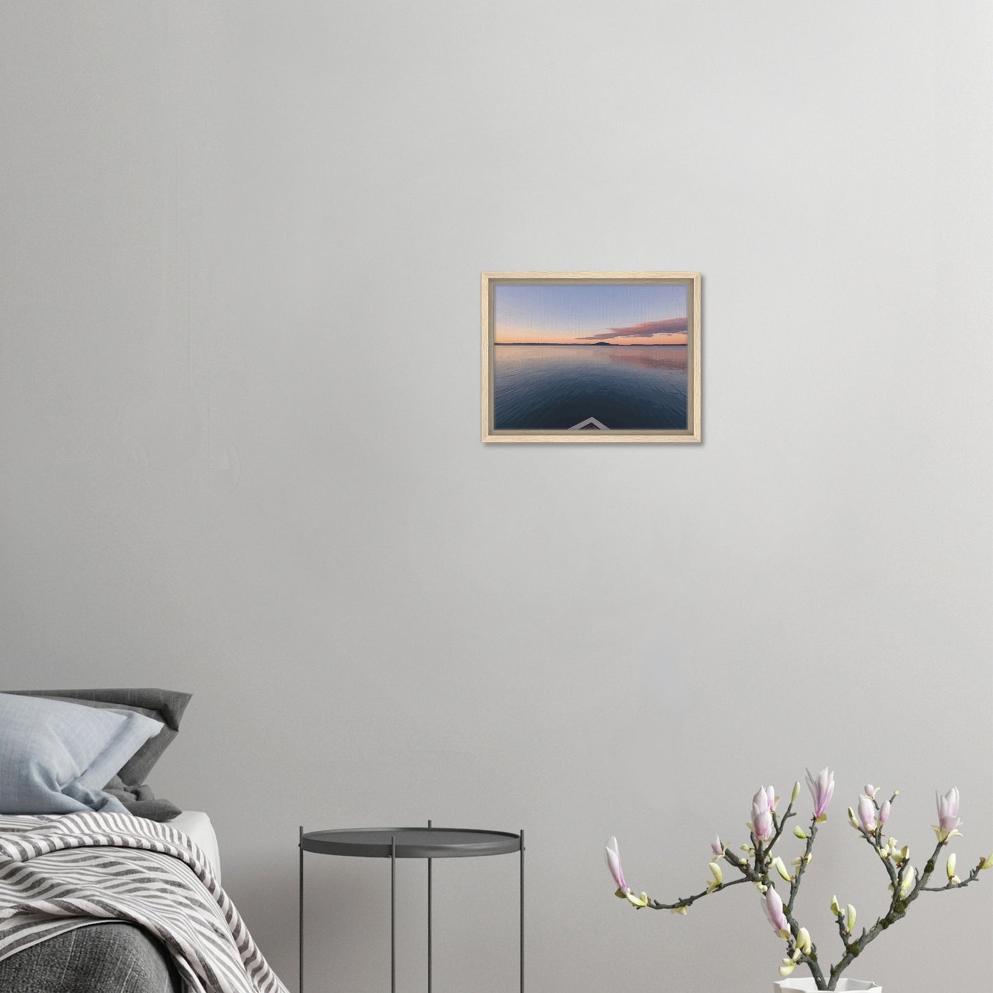 View from jetty over calm Lake Rotorua at sunset in the peaceful artwork Edge of Stillness by NZ designer Ben Hart.
