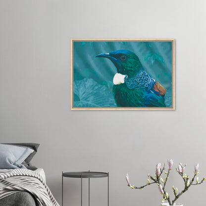 With rich teal and emerald hues and the tūī’s signature white throat tufts, the artwork evokes the dappled light of the forest and the bird’s melodic presence among the trees.