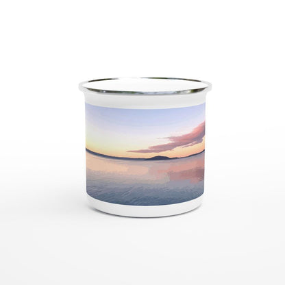 Designer enamel mugs with artwork by NZ designer
