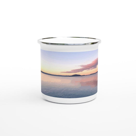 Designer enamel mugs with artwork by NZ designer