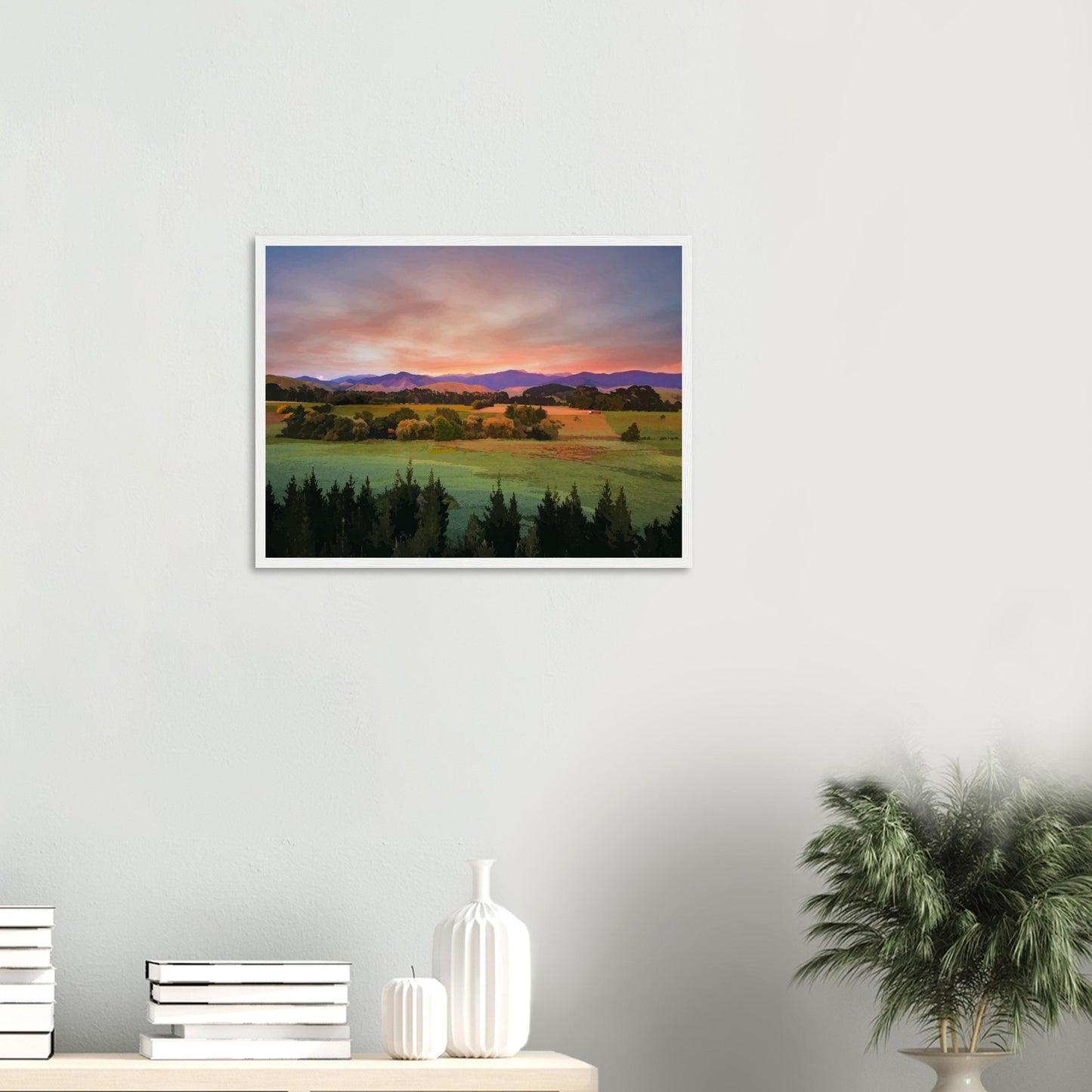 Artwork of a Wairarapa sunrise over pine trees and rolling farmland with soft light on the Tararua Ranges.