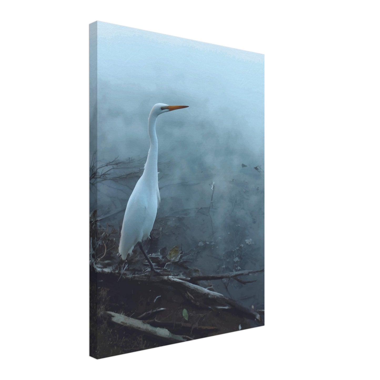 White Heron in the mist captures the quiet elegance of a white heron poised beside mist-covered waters. 