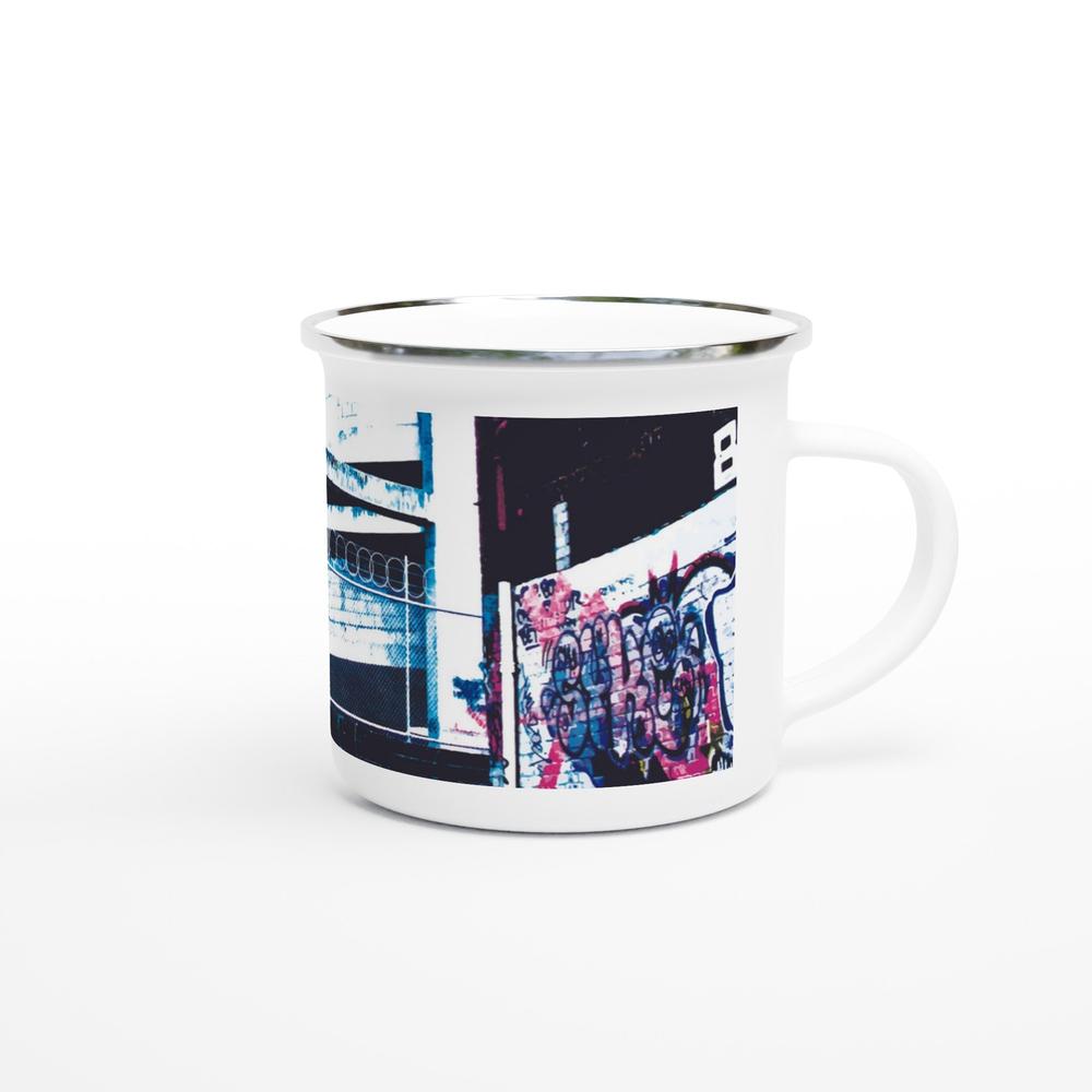Designer enamel mugs with artwork by NZ designer