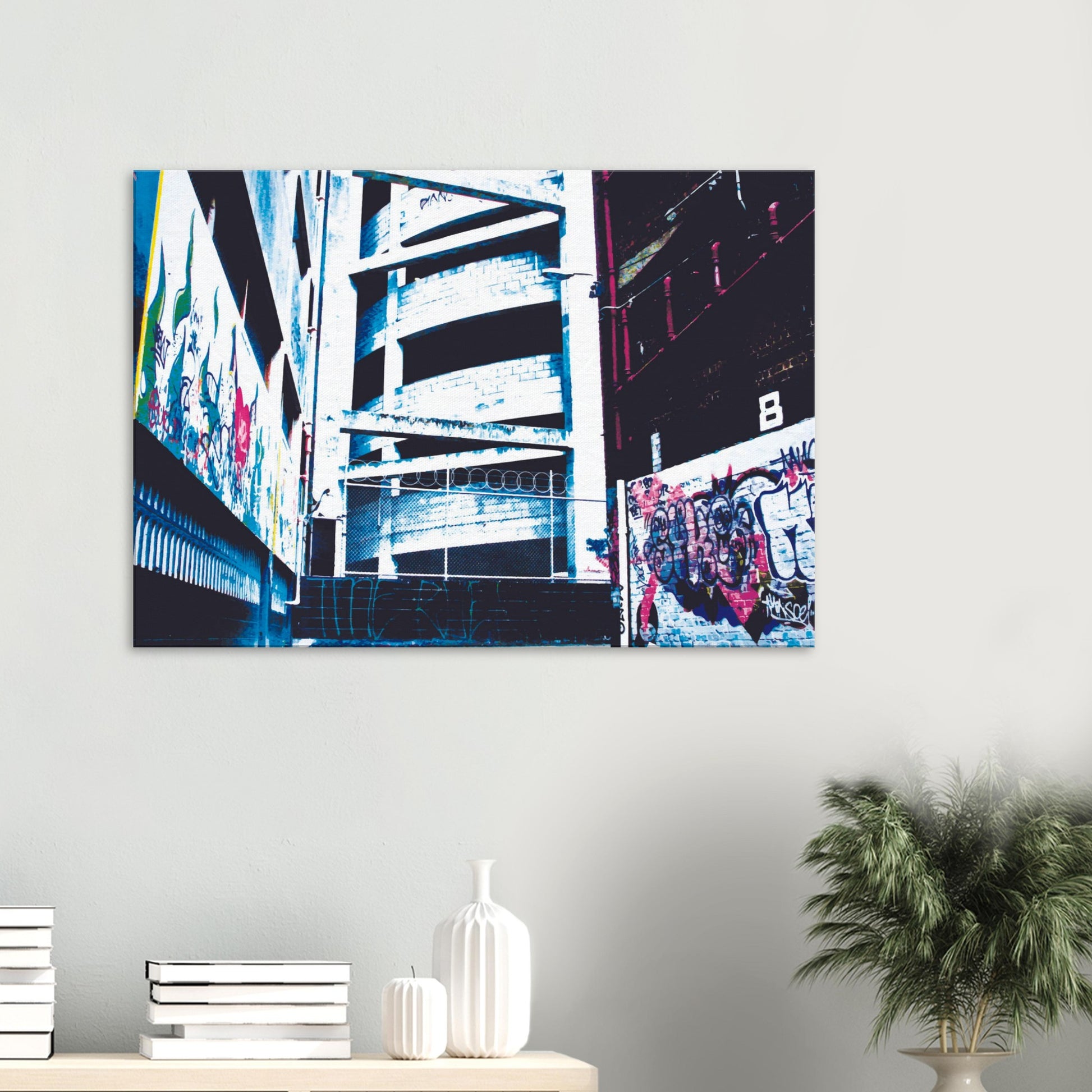 Urban artwork of graffiti alley and spiral concrete ramp in vivid blues and reds, full of contrast and street character.
