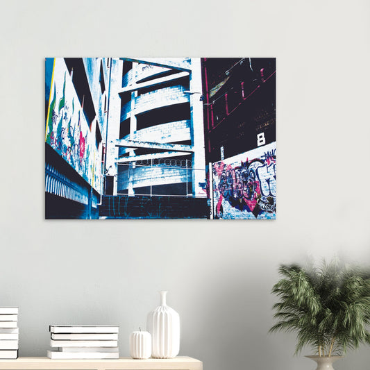 Urban artwork of graffiti alley and spiral concrete ramp in vivid blues and reds, full of contrast and street character.