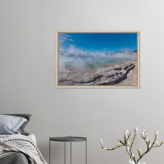 Steaming geothermal pool in Wai-O-Tapu, NZ, with green water and vivid edges in the artwork Thermal Waters by Ben Hart.