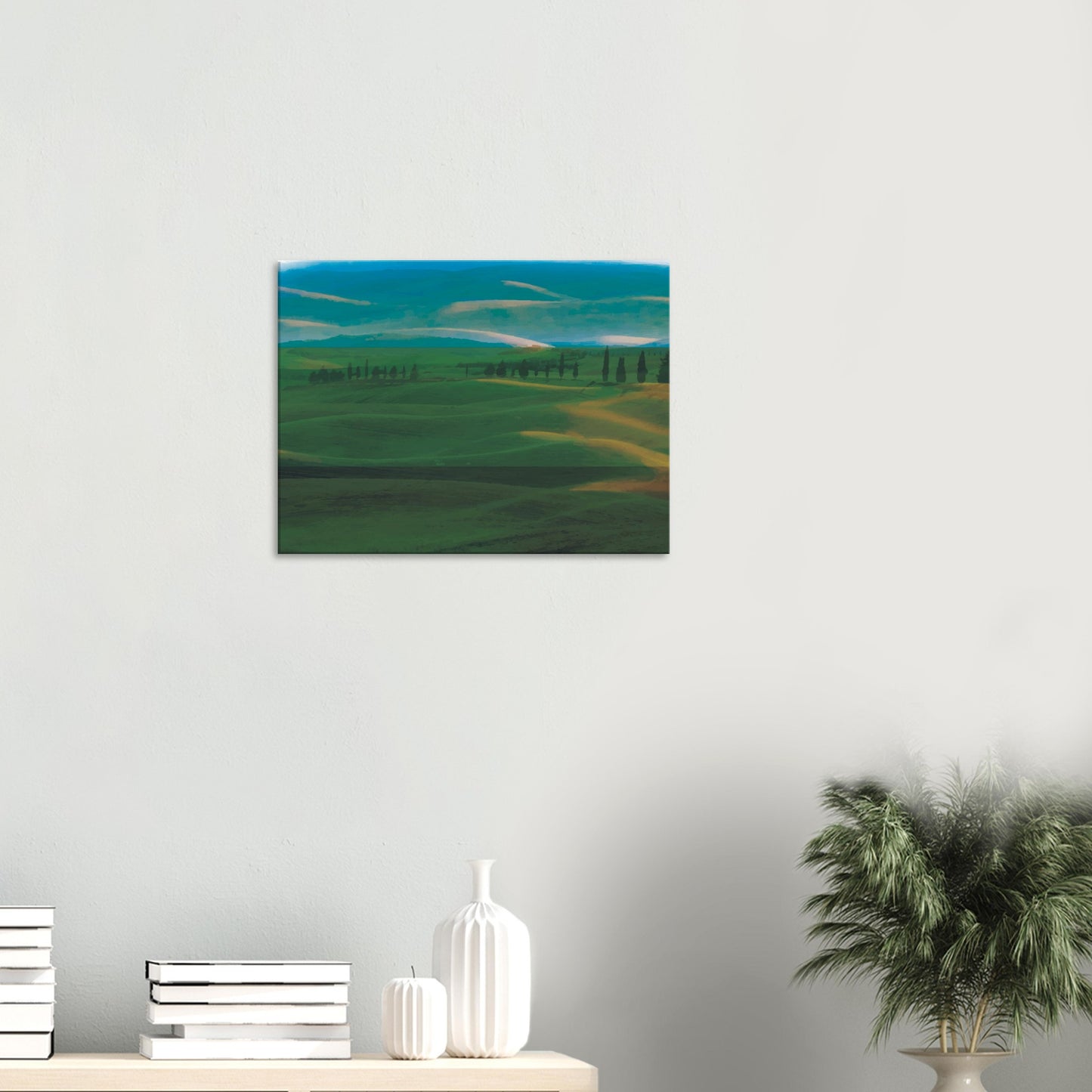 Artwork of rolling green hills and tall trees in soft golden light, evoking calm and quiet.