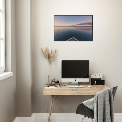 View from jetty over calm Lake Rotorua at sunset in the peaceful artwork Edge of Stillness by NZ designer Ben Hart.