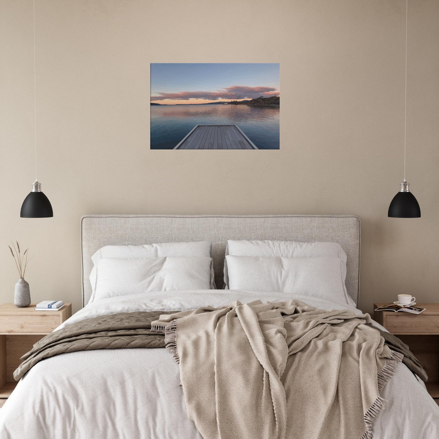 Jetty over Lake Rotorua at dusk with soft clouds and reflections in Echoes of the Lake by New Zealand designer Ben Hart.