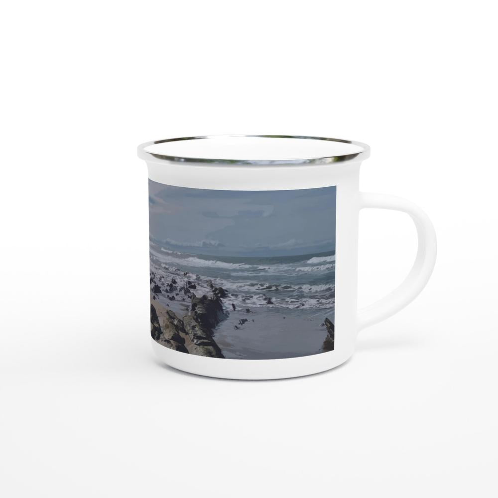Designer enamel mugs with artwork by NZ designer