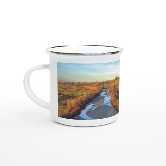 Designer enamel mugs with artwork by NZ designer