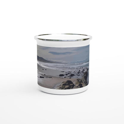 Designer enamel mugs with artwork by NZ designer