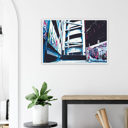 Urban artwork of graffiti alley and spiral concrete ramp in vivid blues and reds, full of contrast and street character.