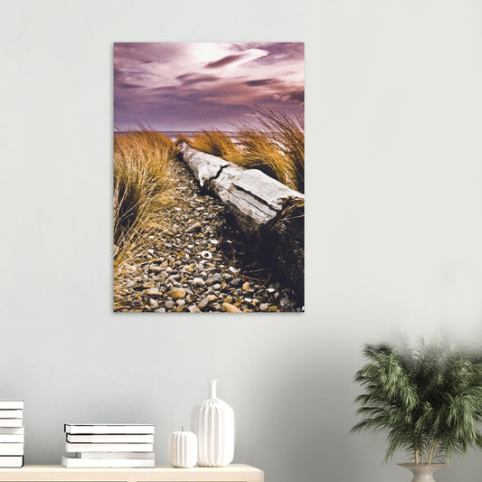 Driftwood lying in coastal grasses under a purple sky, evoking weathered texture and calm.