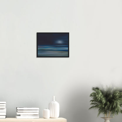 Moody artwork of an abstract sea with dark skies and light on the horizon, evoking calm and quiet transformation.