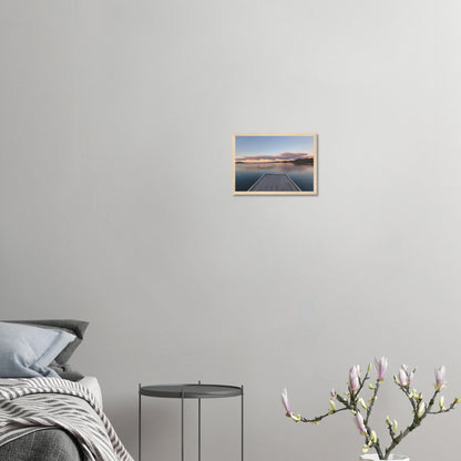 Jetty over Lake Rotorua at dusk with soft clouds and reflections in Echoes of the Lake by New Zealand designer Ben Hart.