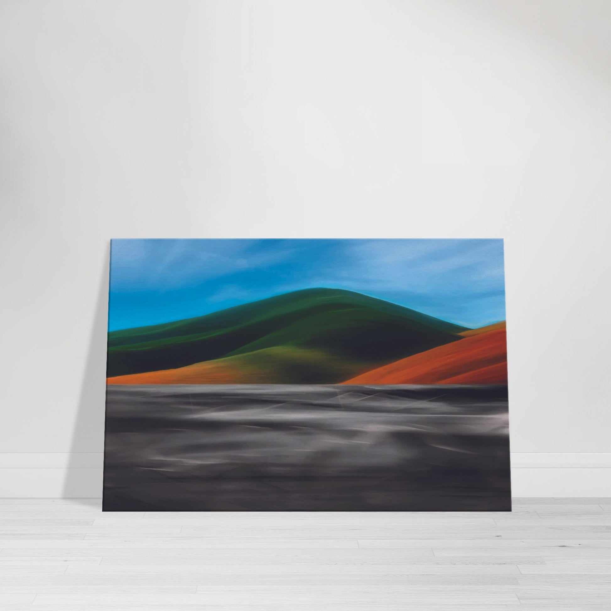 Vibrant artwork of abstract hills and a shimmering road, capturing the feel of a hot summer day in New Zealand.