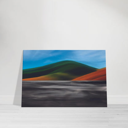 Vibrant artwork of abstract hills and a shimmering road, capturing the feel of a hot summer day in New Zealand.