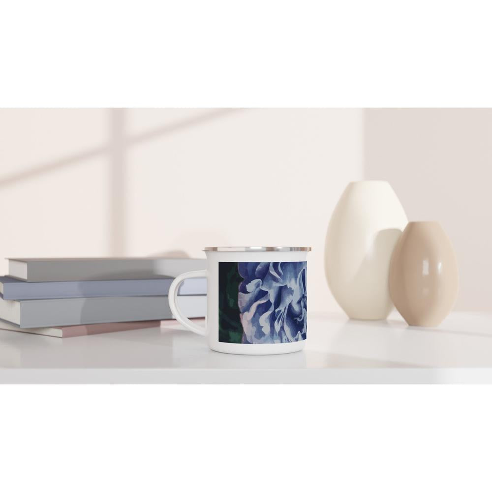 Designer enamel mugs with artwork by NZ designer