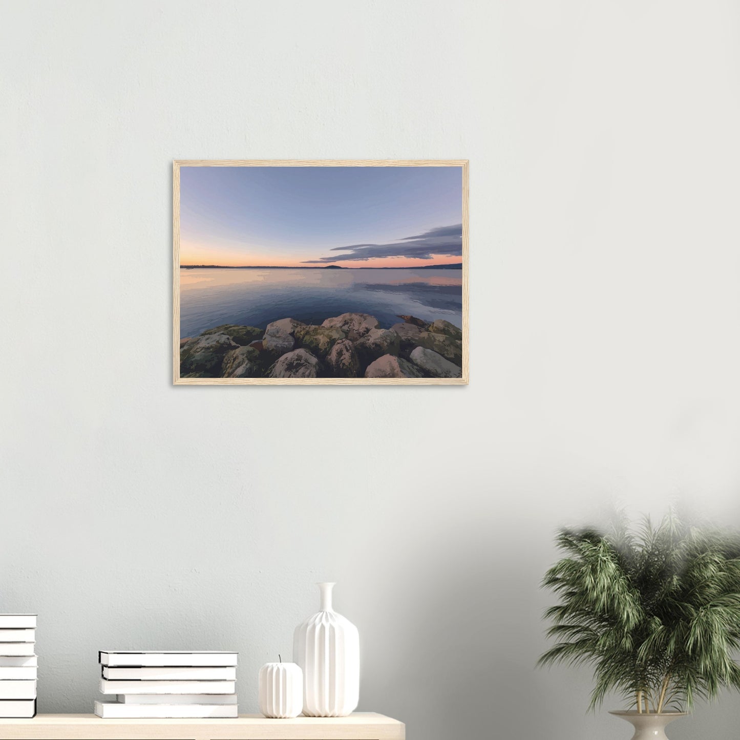Peaceful Lake Rotorua view with mossy rocks and soft pastel reflections in Calm Waters by NZ artist Ben Hart.