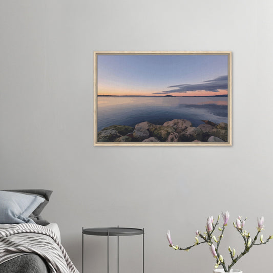 Peaceful Lake Rotorua view with mossy rocks and soft pastel reflections in Calm Waters by NZ artist Ben Hart.