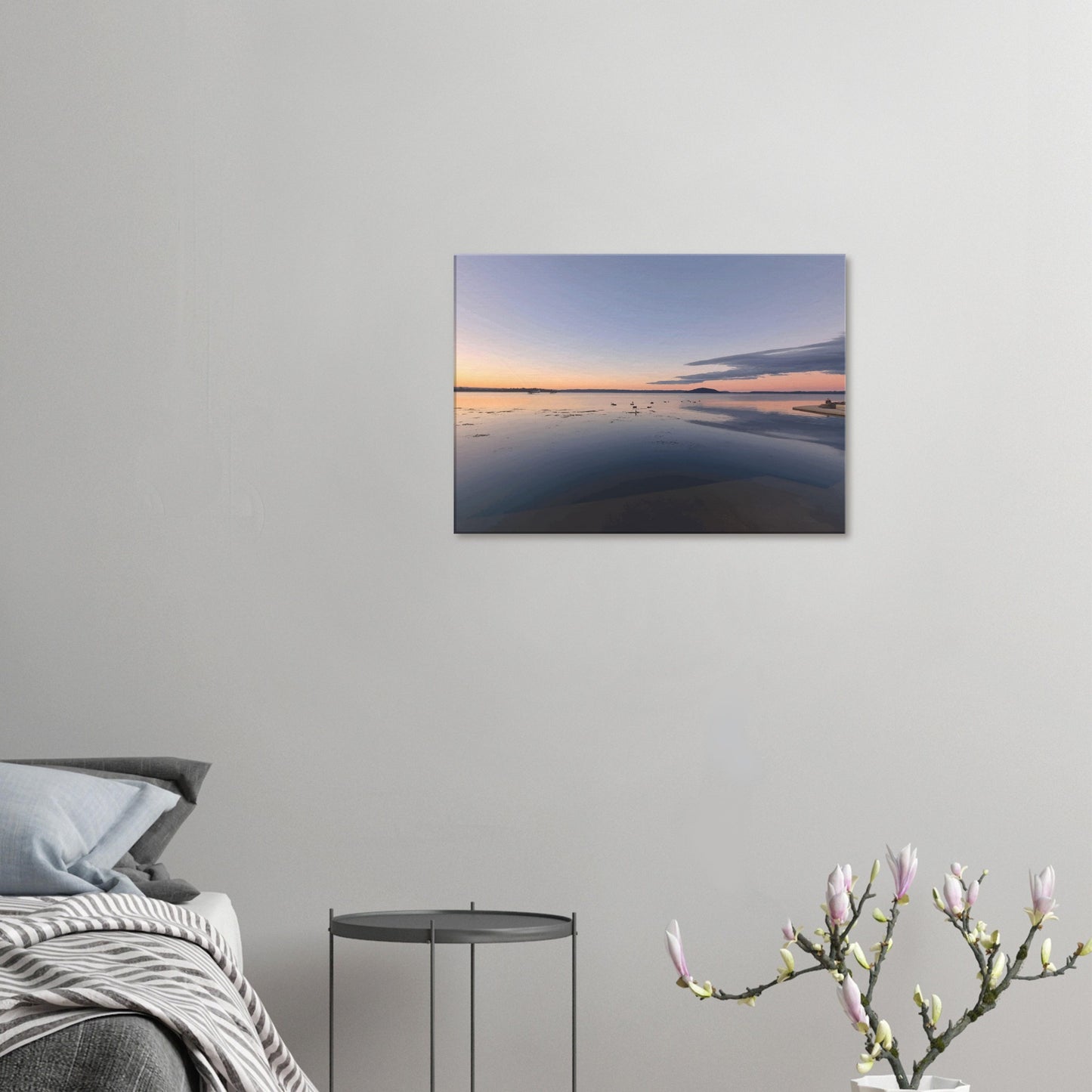 Peaceful Lake Rotorua at sunset with soft pastels, black swans and reflections in Whispers on the Lake by Ben Hart.