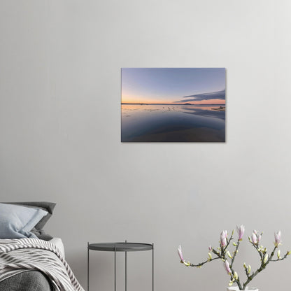Peaceful Lake Rotorua at sunset with soft pastels, black swans and reflections in Whispers on the Lake by Ben Hart.