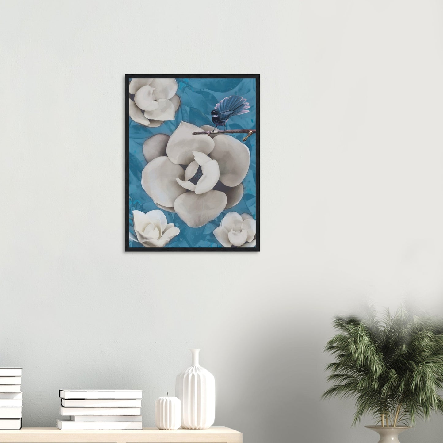 Artwork of a New Zealand pīwakawaka with its tail fanned wide, perched and alert with cool blue tones behind.