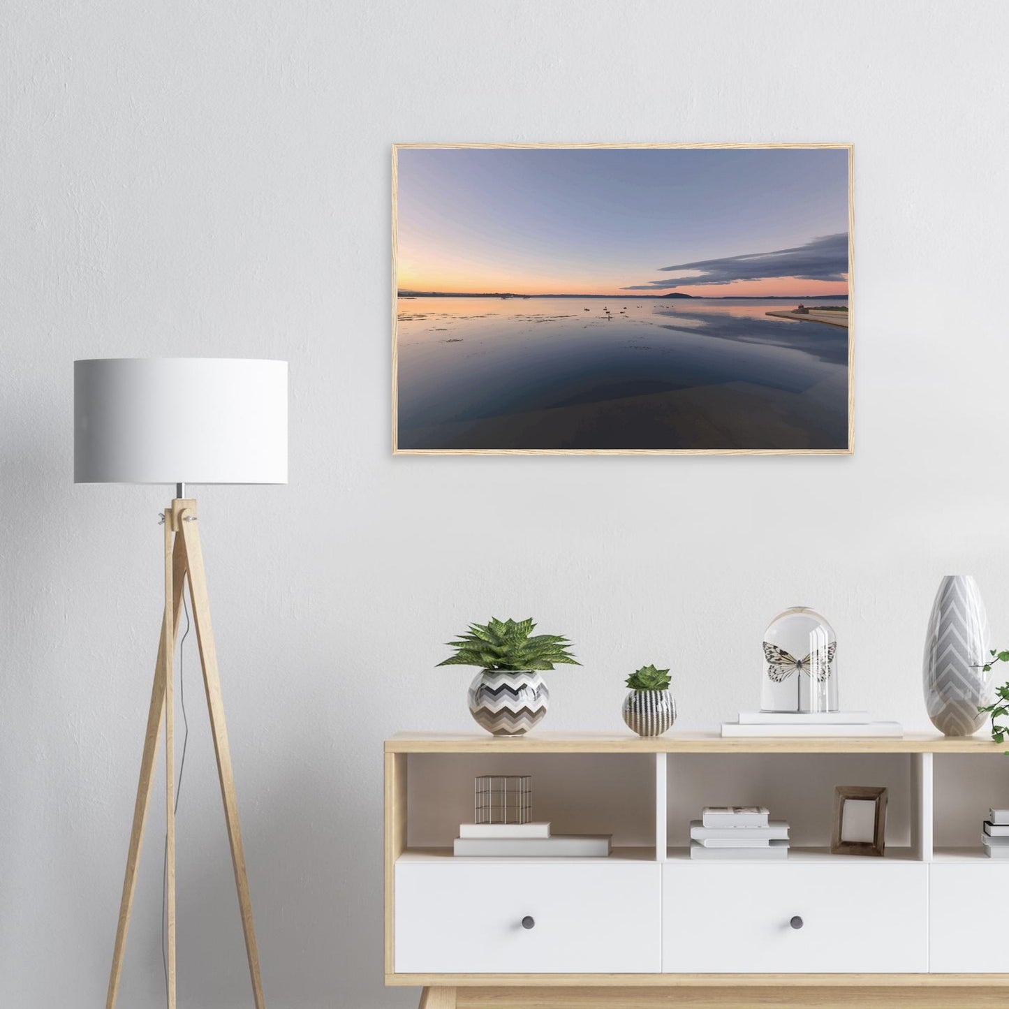 Peaceful Lake Rotorua at sunset with soft pastels, black swans and reflections in Whispers on the Lake by Ben Hart.